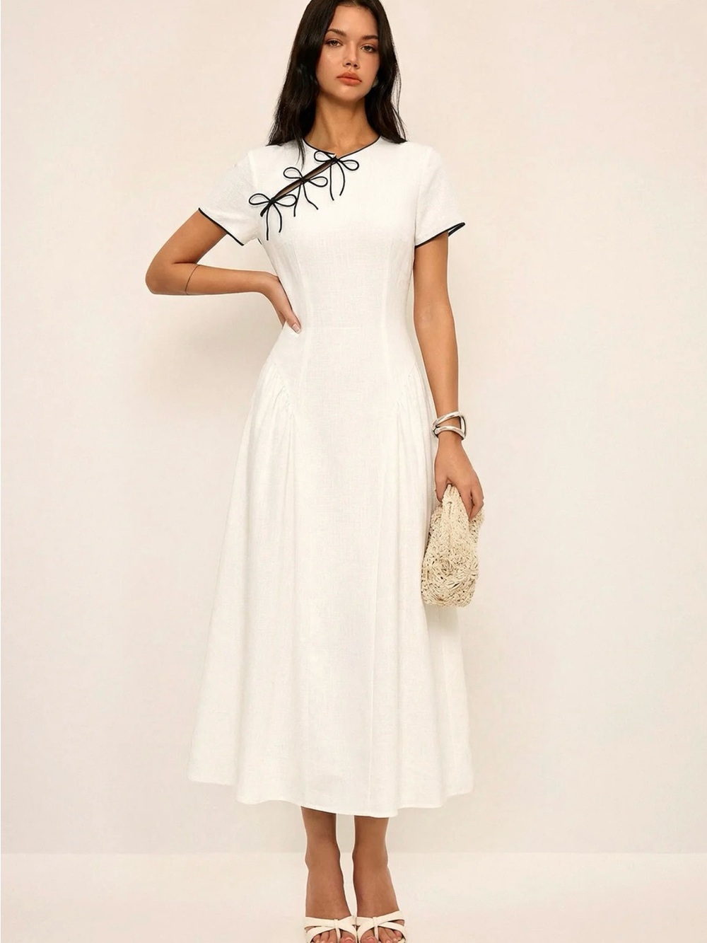 Commense Bow Detail Cotton Cheongsam Midi Dress size L